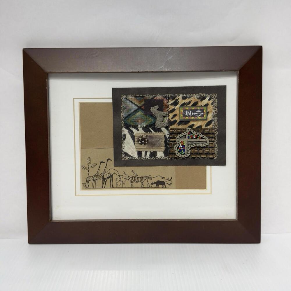 Framed Mixed Media African Safari Wildlife Tribal Wall Art Textile Decor 10x12